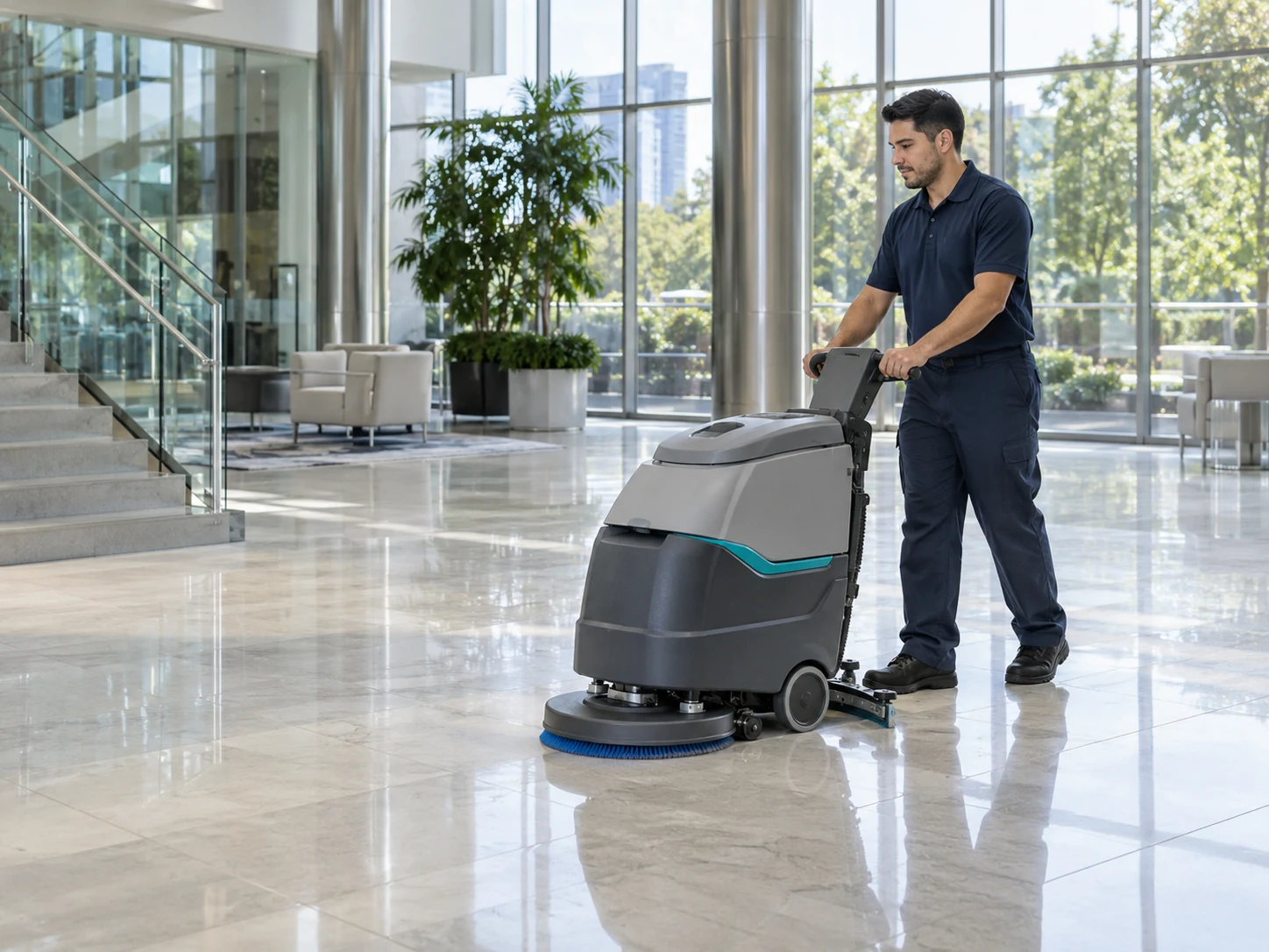 Illustrative floor-care specialist using a professional cleaning machine